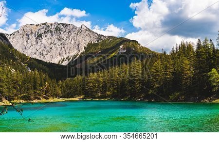 Panorama Of Lake In Alps Called Green Lake, Gruner See. Place To Visit Tourist Destination. Sunny Su