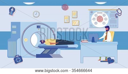 Brain Magnetic Resonance Imaging Procedure With Doctor And Patient Cartoon Characters In Clinic Room