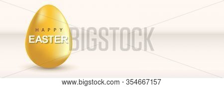 Gold Easter Egg With Realistic Golden Shine On White Background. Happy Easter. Poster, Web-banner, G