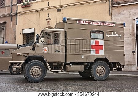 Italian Military Ambulance Iveco Vm 90 Veteran From Iraq Exposed In Festival Fiera Di San Rocco, On 