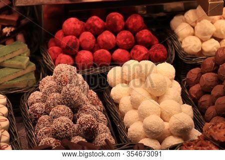 Chocolate Balles Covered In Cocos At A Market In Barcelona, Spain
