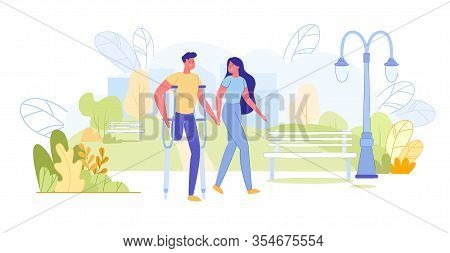 Healthy And Disabled People Love And Relationships, Joint Walk At Landscape Background. Romantic Lov