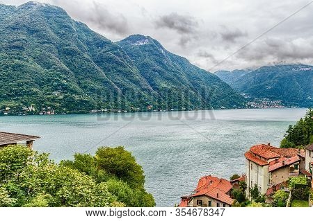 Scenic Landscape Over The Lake Como, As Seen From The Town Of Bellano, Italy