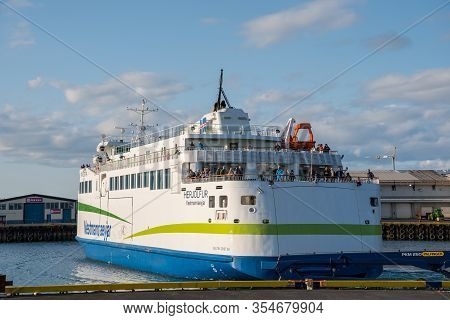 Vestmannaeyjar Iceland - August 9. 2019: Ferry Herjolfur In Port Of Vestmannaeyjar