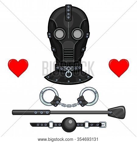 Animation Leather Mask For Adults. Set Of Erotic Toys: Handcuffs, Stack, Ball Gag. Template For Erot