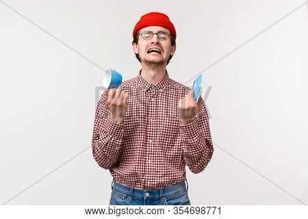 Waist-up Portrait Gloomy And Sad Complaining Young Bearded Guy Didnt Have Enough Tea, Shaking Hands 