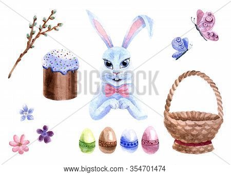 Watercolor Spring Easter Set With Bunny, Wooden Basket, Easter Cake And Eggs Isolated On A White Bac