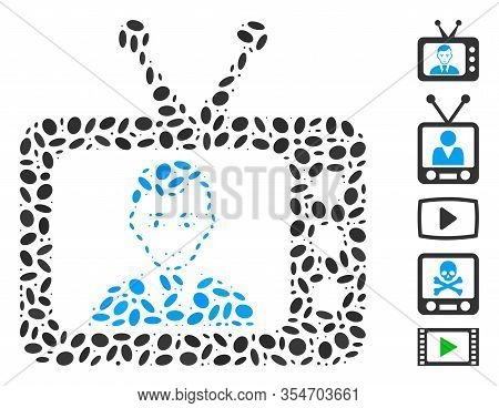 Dotted Mosaic Based On Tv Dictor. Mosaic Vector Tv Dictor Is Formed With Scattered Elliptic Items. B