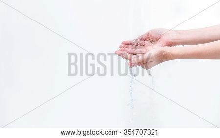 Woman Washing Hand With Water Isolated On White Background. Good Personal Hygiene Concept. First Ste