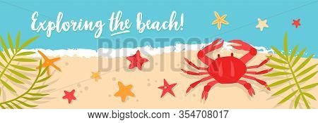 Vector Sea Or Ocean Horizontal Banners With Crab And Starfish. Bright Hand-drawn Illustration With S