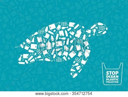 Plastic Waste Ocean Environment Problem Concept Vector Illustration. Turtle Marine Reptile Outline F