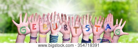 Children Hands Building Word Geburtstag Means Birthday, Grass Meadow