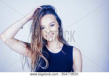 Headshot Portrait Of Happy Girl With Beauty Face Smiling Looking At Camera. Smiling Student Girl Wea