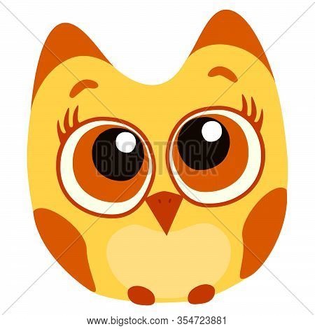 Cute Little Owl Brown Bird. Big Eyes, Small Wings. Hight Ears. Brown Beak.