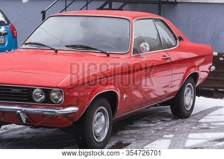 Velbert, Nrw, Germany - March 07, 2016:\\noldtimer, Red Opel Manta In A Public Parking In Velbert, G