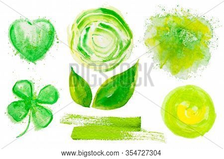 Set Of Fresh Green Hand Drawn Watercolor Design Elements, Clover, Stains, Dabs, Leaf, Rhomb, Circles