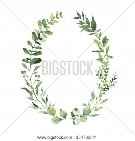 Watercolor Oval Wreath With Greenery Leaves Branch Twig Plant Herb Flora Isolated On White Backgroun