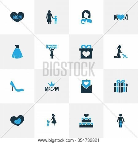 Mothers Day Icon Colored Design Concept. Set Of 16 Such Elements As Shape, Madame And Mum. Beautiful