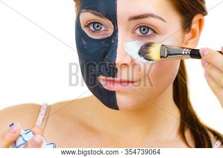 Girl Black Mask On Half Face Apply White Mud