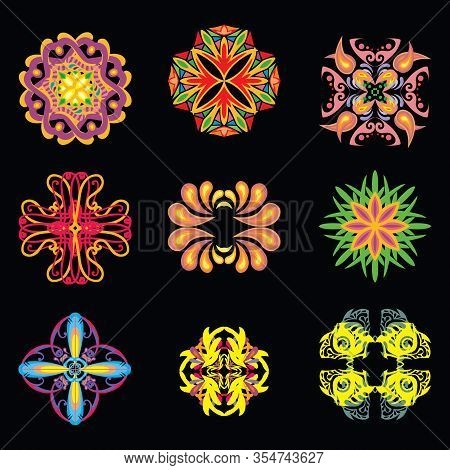 Vector Ornamental Round Pattern Elements Set. Colorful Vector Illutration Of Nine Ornamental Rounds 