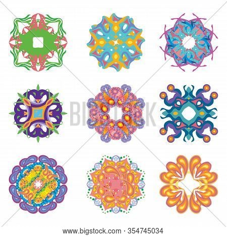 Ornamental Round Pattern Elements Set. Colorful Vector Illutration Of Nine Ornamental Rounds Flat Il