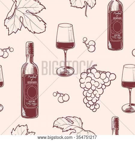 Georgian Wine Culture Seamless Pattern. Wine Bottle And Glass, Grapevine Leaves And Berries Clasters