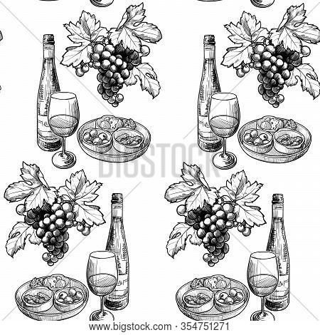 Georgian Wine Culture Seamless Pattern. Wine Bottle And Glass, Grapevine Leaves And Berries Clasters