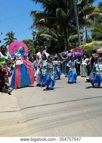 Carnival In Poya Day On The Streets Of Mirissa. Dressed People Celebrating Poya Day. March, 9, 2020,