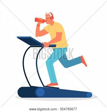 Old Man In The Gym. Senior Training On Treadmill. Fitness Program