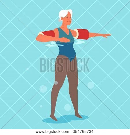 Old Woman Doing Exercise With Swimming Pool Floaties On Her Hands.