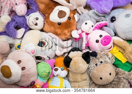 Many Soft Plush Fluffy Toys Sits In The Children's Room