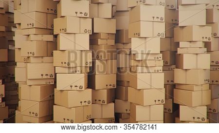 Background Of Cardboard Boxes Inside Warehouse, Logistic Center. Warehouse Filled With Cardboard Box