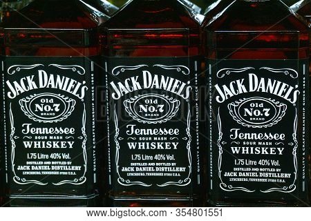 Tyumen, Russia-march 06, 2020: Bottles Of Jack Daniels Whiskey On Sale. Logo Close -up