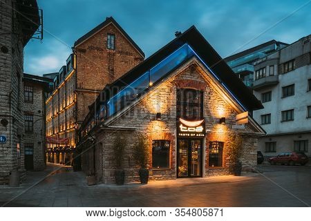 Tallinn, Estonia - December 5, 2016: Cafe In Historical Rotermann City Quarter In Evening Illuminati