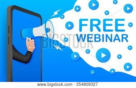 Free Webinar, Megaphone No Smartphone Screen. Can Be Used For Business Concept. Vector Stock Illustr