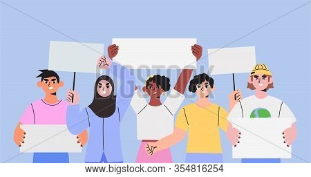 Diverse Multicultural Multiethnic Group People Holding Signs, Banners And Placards On A Protest Demo