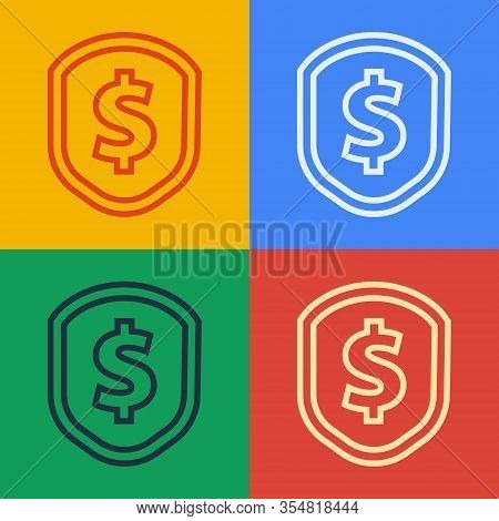 Pop Art Line Shield With Dollar Symbol Icon Isolated On Color Background. Security Shield Protection
