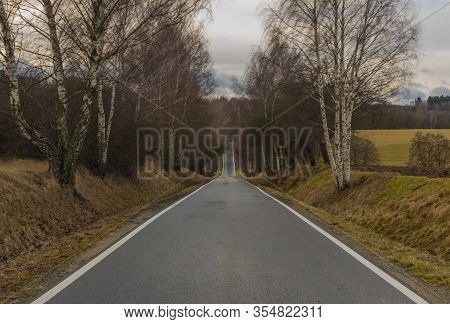 Road Near Ceske Budejovice City In South Bohemia In Winter Cloudy Day