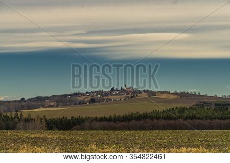 Svaty Jan Nad Malsi Village On Hill In Cloudy Color Day In South Bohemia