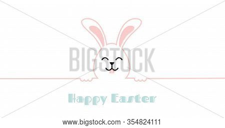 Happy Easter Banner With Cure Smiling Bunny. Greeting Card, Poster Or Banner With Bunny, Flowers And