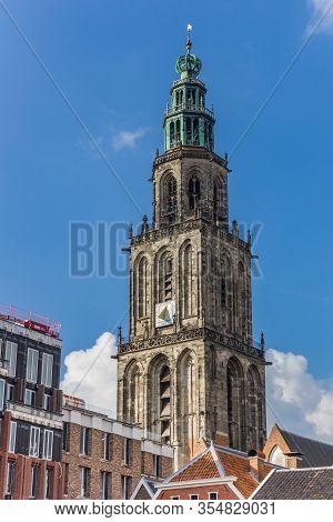 Groningen, Netherlands - March 07, 2020: Historic Tower Of The Martini Church In Groningen, Netherla