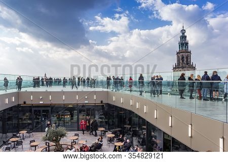 Groningen, Netherlands - March 07, 2020: Viewing Platform And Church Tower In The Center Of Groninge