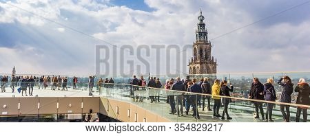 Groningen, Netherlands - March 07, 2020: Panorama Of The Viewing Platform And Church Tower In Gronin