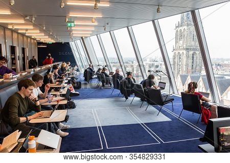 Groningen, Netherlands - March 07, 2020: Students Working In The Library In The Groninger Forum With
