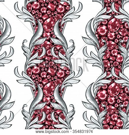 Seamless Baroque Pattern With Red Ruby Gems And Silver Scrolls