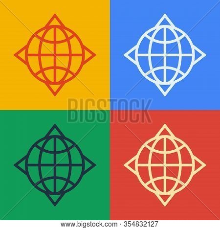 Pop Art Line World Globe With Compass Icon Isolated On Color Background. Vector Illustration