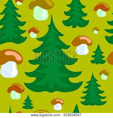 Spruce Trees And Mushrooms On A Bright Background Seamless Pattern