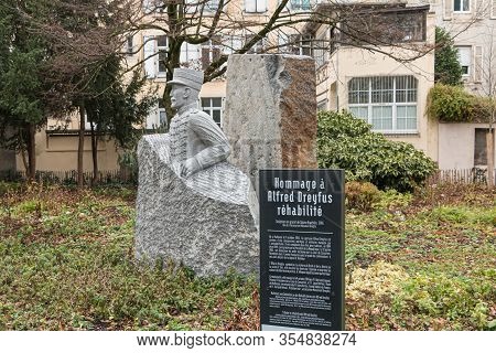 Mulhouse, France - December 23, 2017: View Of The Sculpture Tribute To Rehabilitated Alfred Dreyfus.