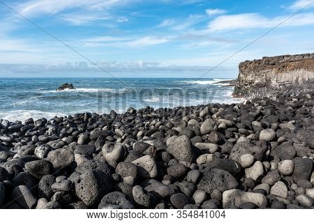 Dangerious Ocean Stormy Waves Hits Black Lava Rocks On Playa De La Bombilla, La Palma Island, Canary