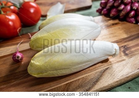 Fresh Belgian Endive Or Chicory Bitter Salad Ready To Cook Or Eat